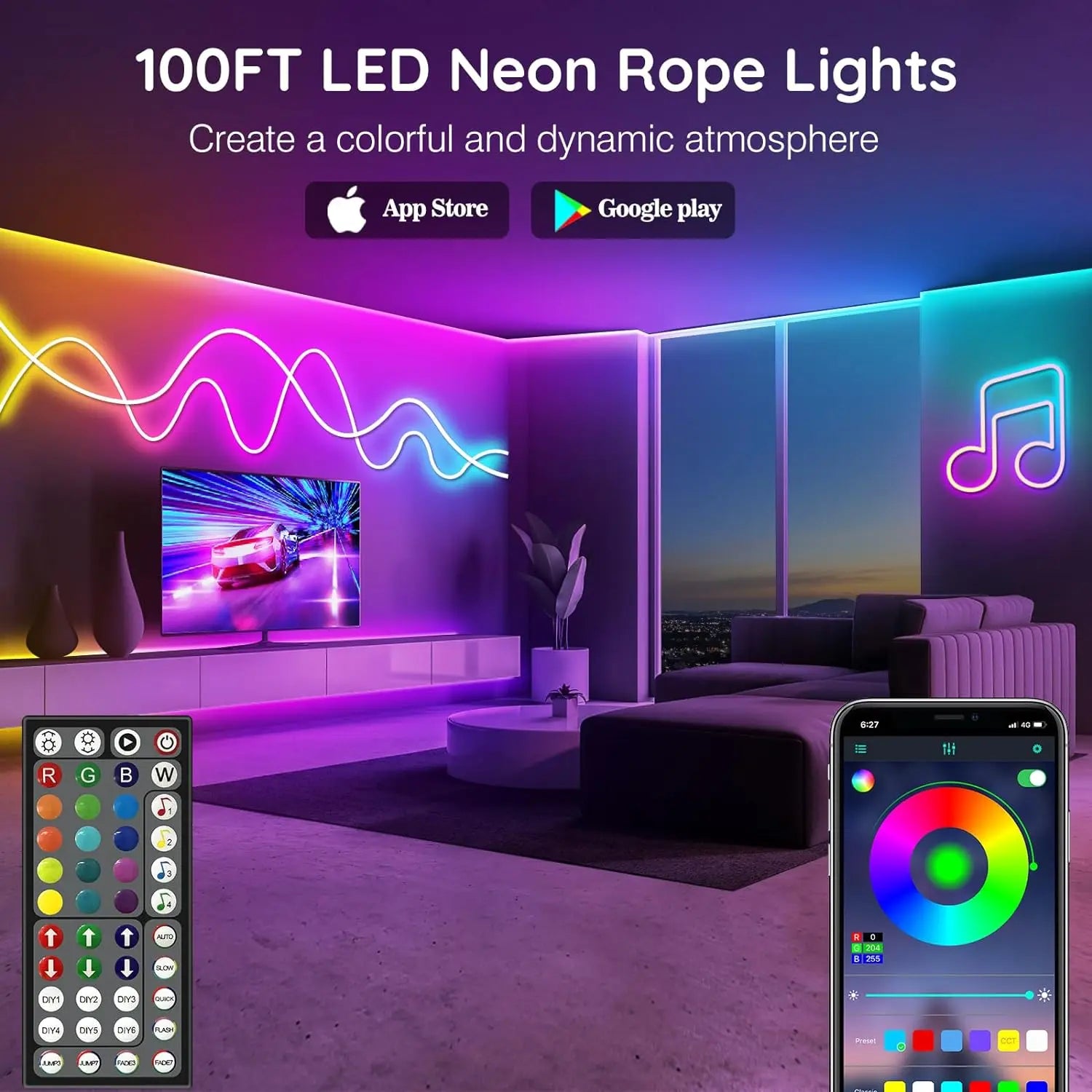 RGB neoninė LED juosta su valdymu per programėlę